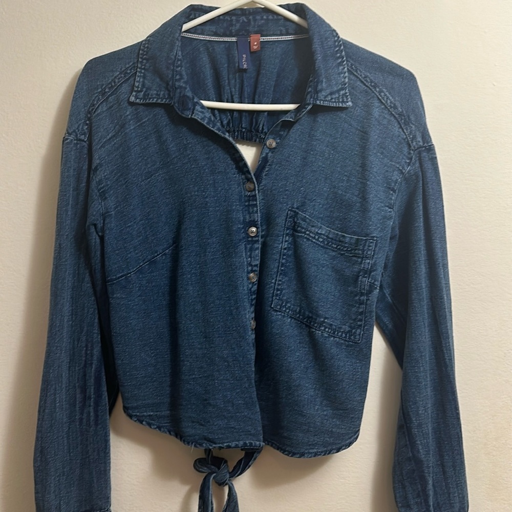 Pilcro for Anthropologie medium dark blue denim button down backless shirt